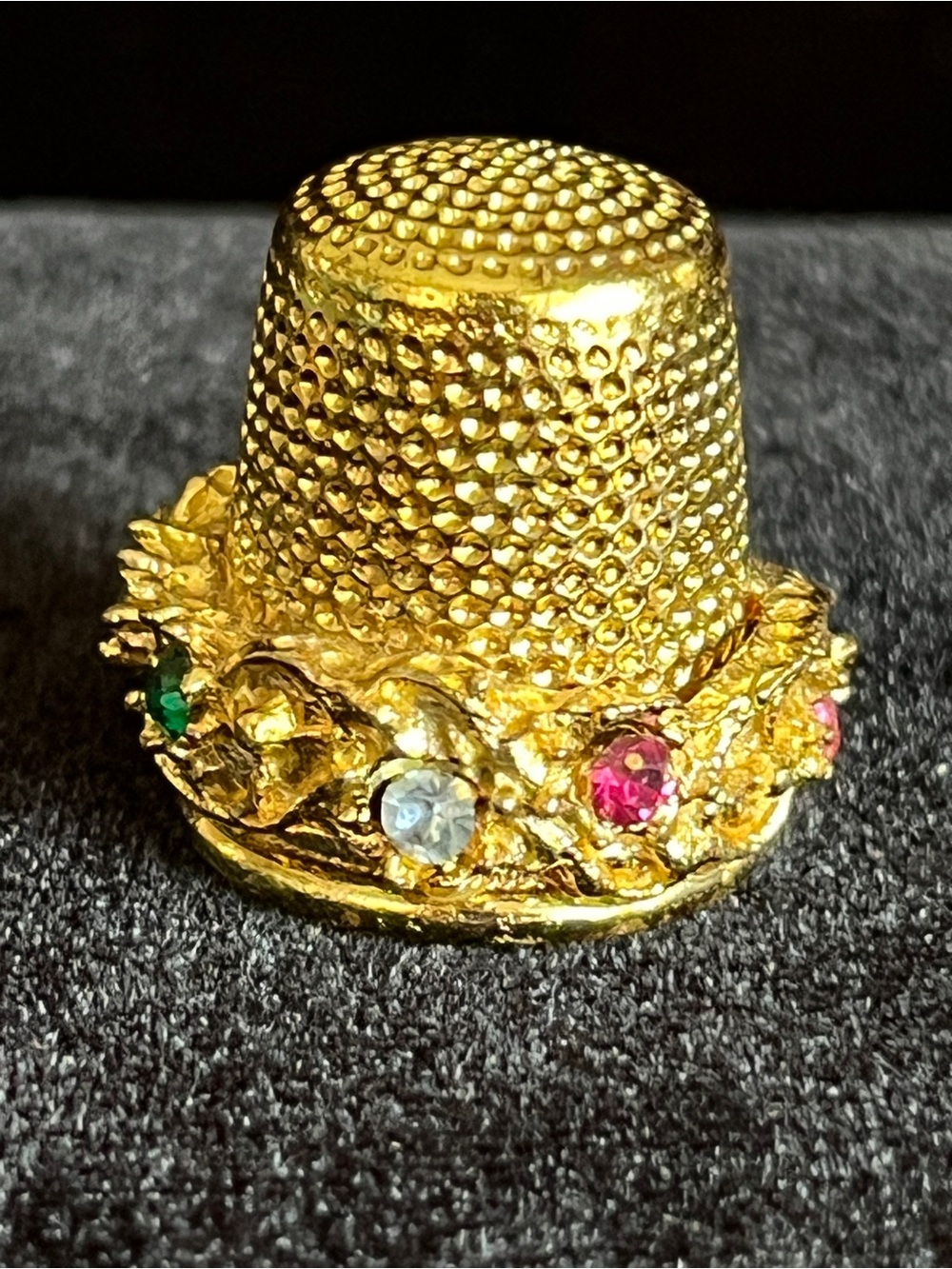 Ornate Gold Tone Sewing Thimble Faux Colorful Rhinestones